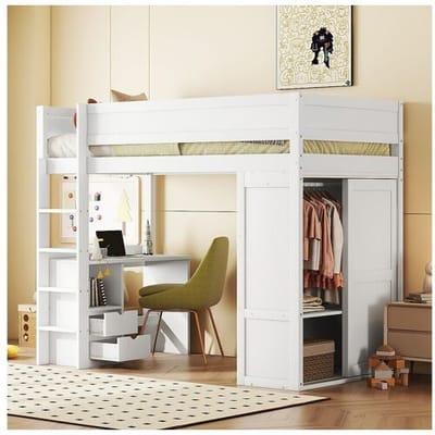 Merax Mezzaninebed 90 x 200 cm met bureau + 2 lades - Kledingkast met schuifdeur - MDF-hout - Wit
