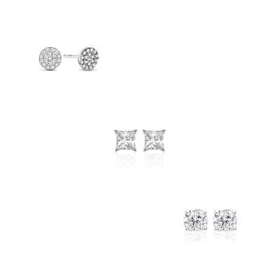 New Bling 9NB-SET039 Zilveren Oorknopjes setje - 3 paar - Earparty - Oorbellen - entourage 5,5mm - 3+3mm - Zirkonia - Rhodium - Zilver