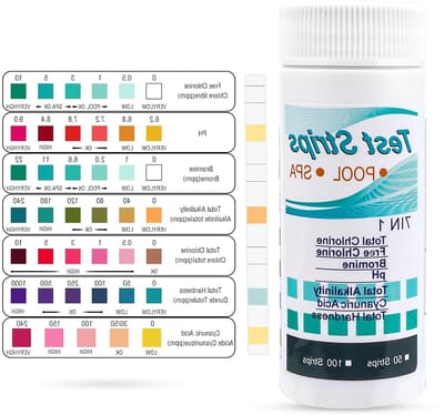 7-in-1 Teststrips voor Zwembaden - 100 Strips voor Boven de Grond - Pool Test Kit voor Nauwkeurige Chlorine- en Hardheidscontrole - Bromine, Alkalinity, Cyanuric Acid, pH