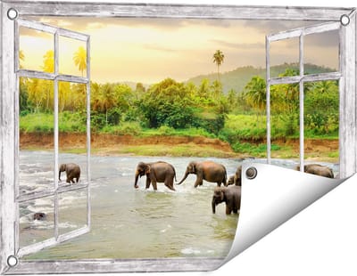 Gards Tuinposter Doorkijk Kudde Olifanten in het Water - 60x40 cm - Tuindoek - Tuindecoratie - Wanddecoratie buiten - Tuinschilderij