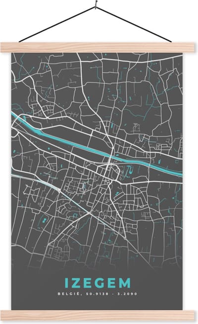 Posterhanger incl. Poster 40x60 cm - Schoolplaat - België – Izegem – Stadskaart – Kaart – Blauw – Plattegrond - Textielposter - Blanke latten - Stadskaart