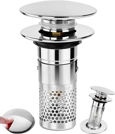 Pop-Up Afvoerplug Set van 2, Universele Wastafelafvoer met RVS Filter, 32-40mm Afvoeropening, Messing Klikmechanisme en Antiklever Haarvanger voor Badkamer en Keuken