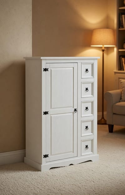 Massief Grenenhouten Commode Kast 95 cm Wit – Highboard Ladekast met 5 Laden en 2 Verstelbare Planken – Houten Opbergkast voor Woonkamer, Keuken of Hal – Mobili Bella