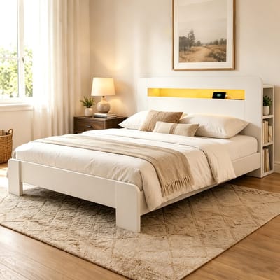 Kinderbed 140x200cm - met LED-verlichting - Eenpersoonsbed - Tienerbed - Houten bedframe - met opbergruimte in het hoofdeinde - Ingebouwd stopcontact - Wit (matras niet inbegrepen)
