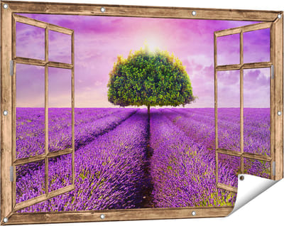 Gards Tuinposter Doorkijk Groene Boom in de Lavendel Bloemen - 120x80 cm - Tuindoek - Tuindecoratie - Wanddecoratie buiten - Tuinschilderij