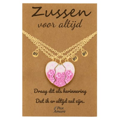 BFF Ketting voor 3 'Zussen voor altijd' - Magnetisch Glitter Hartje Roze - Vriendschapsketting op Cadeau Kaartje - 45cm + 5cm verstelbaar - Goudkleurig - Sisters Hanger - Pax Amare