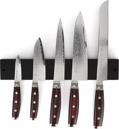 Yaxell Super Gou Messenset – 6-delig – Zwarte Magneetstrip met 5 Messen – 161 Lagen Damaststaal – SG2 Staal – 63 HRC – Canvas-Micarta Heft