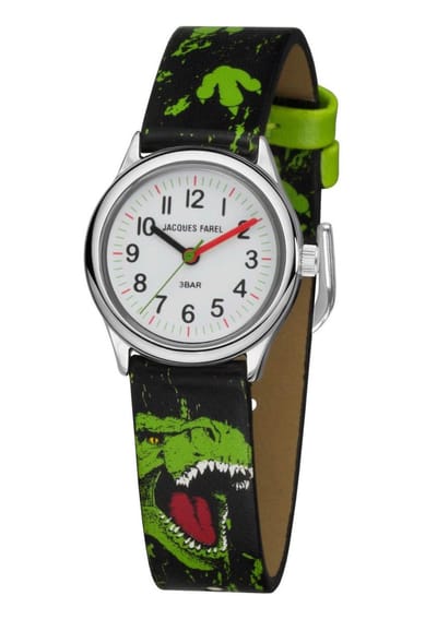 JACQUES FAREL - Horloge Kind - Kinderhorloge - Jongen - Dino - Groen & Zwart - Zilverkleurig - Analoog - 3 Bar - Ø 27mm - Verstelbaar bandje (12,5-17 cm) - Duidelijk - HCC921
