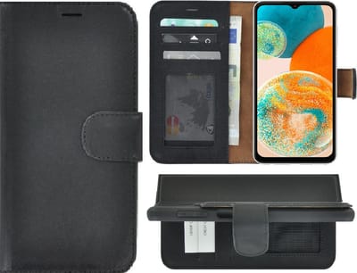 MoDo hoesje Geschikt voor Samsung Galaxy A23 - Echt Leer Book Case - Zwart