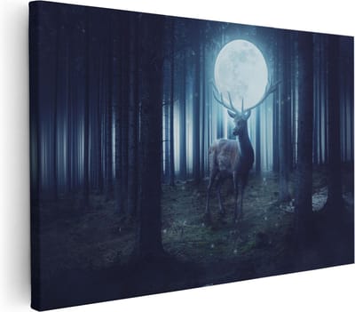 Artaza Canvas Schilderij Hertenkop Met Gewei - 30x20 cm - Klein - Wanddecoratie Bos - Muurdecoratie Nacht - Kamer Accessoires Mystiek