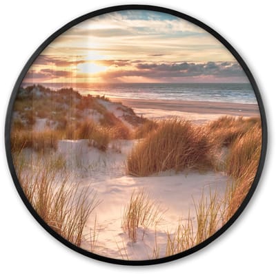Poster in lijst Rond - Fotolijst 60x60 cm - Posters - Duin - Planten - Zonsondergang - Strand - Zee - Ronde posterlijst zwart - Decoratie - Wanddecoratie woonkamer - Muurdecoratie slaapkamer