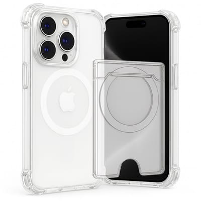 SnapSkin Hoesje & Pasjeshouder geschikt voor iPhone 15 Pro - Geschikt voor MagSafe Case - Magnetische Kaarthouder - Transparant