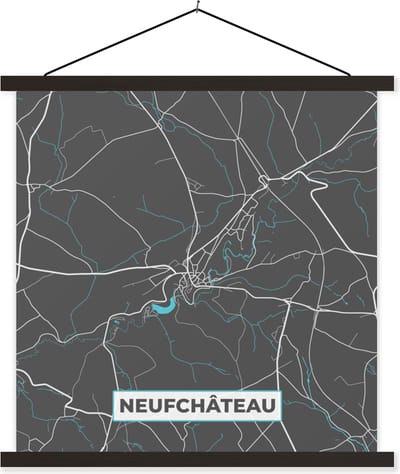 Posterhanger incl. Poster 60x60 cm - Schoolplaat - Kaart – Plattegrond – Stadskaart – Neufchâteau – België - Grijs - Textielposter - Zwarte latten - Stadskaart