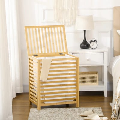 Pugsdrly Wasmand van bamboe, uitneembare waszak, waterbestendig, naturel + beige