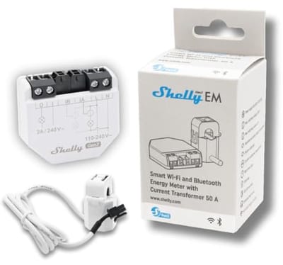 Shelly EM Gen3 + 50А Clamp | Wi-Fi & Bluetooth Smart Energy Meter and Contactor Control Relay Switch | Power Transformer | Home Automation | Alexa & Google Home | No Hub Required | Power Monitoring
