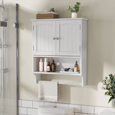 MIVRAY Badkamerkast - Wandkast Met Verstelbare Planken En Handdoekhouder - Voor Badkamer En Keuken - MDF - Wit