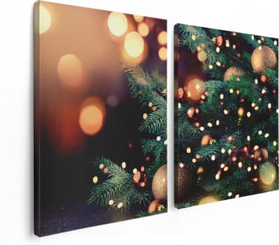 Artaza Canvas Schilderij Tweeluik Versierde Kerstboom Met Lichtjes - 120x80 - Foto Op Canvas - Canvas Print