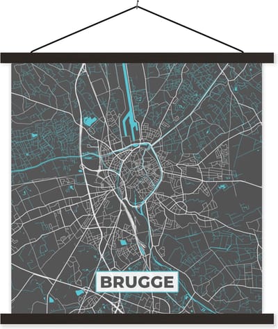 Posterhanger incl. Poster 60x60 cm - Schoolplaat - Plattegrond – Brugge – Blauw – Stadskaart - Kaart - België - Textielposter - Zwarte latten - Stadskaart