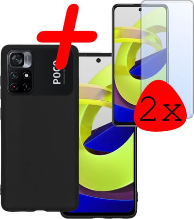 Hoesje Met 2x Screenprotector - Geschikt voor Xiaomi Poco M4 Pro 5G - Sterk & Shockproof - Back Cover - Siliconen Case - Telefoon Hoes - Zwart