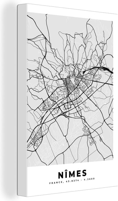 Canvas Schilderij Kaart - Stadskaart - Nîmes - Plattegrond - Frankrijk - 20x30 cm - Wanddecoratie