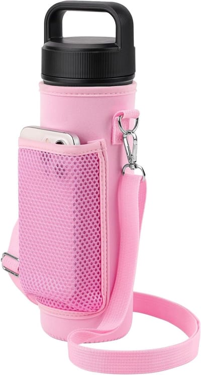 Waterfleshouder met 2 Straps voor 26 oz en 25 oz Flessen, Draagtas met Schouderriem en Mesh Telefoonvak, Roze