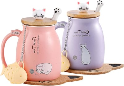 Schattige keramische kattenmok met deksel en roestvrijstalen lepel, ideaal voor koffie, thee en melk, perfect als kerstcadeau - 380ML (Roze & Paars)