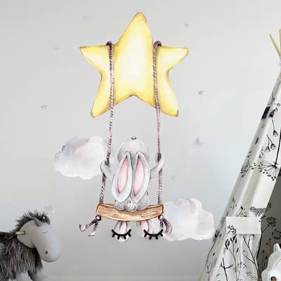 Spicker I Konijn op schommel I Muursticker I Babykamer I Speelkamer I Slaapkamer I Kinderkamer I Decoratie sticker I Wanddecoratie I Muurdecoratie I Baby I Jongen I Meisje