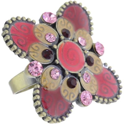 Behave - Ring - Verstelbare Vintage Bloemen Ring met Rode en Roze Kristallen – Antiek Goudlook