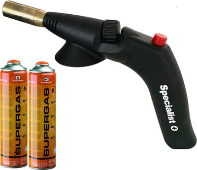 Gasbrander met piezo ontsteking, aansluiting 7/16 , mondstuk 20mm + 2 gabussen,soldeerbrander,Kemper supergas gaspatroon 7/16"