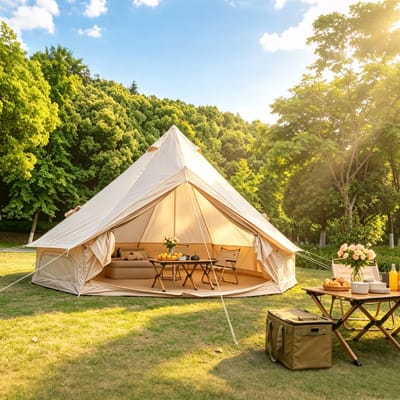 PHOEBE CAT 13.1 ft Campingtent – Oxfordstof – Met aansluiting voor een kooktoestel – Geschikt voor 4-8 personen – Beige