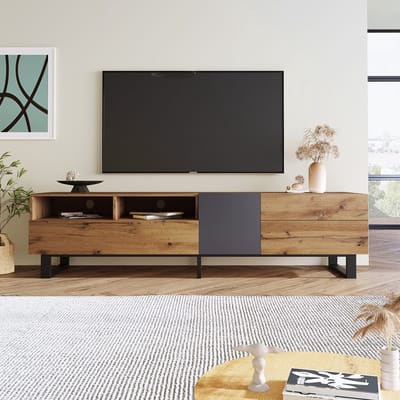 KOMHTOM Tv meubel met korte panelen Rustiek Woodgrain kleurenblok 180 cm