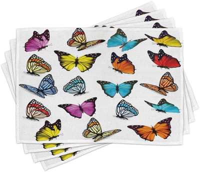 ABAKUHAUS Dierlijke placematten, Grote verzameling kleurrijke vlinders, Kunstzinnige collage-zomerprints, Tafeldecoratie van kleurvaste stoffen voor eetkamer en keuken, Veelkleurig