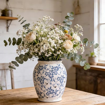 Dailygoods- Vaas unieke combinatie van Chinese en Franse stijlen - Porseleinen vaas - Keramische vaas - Decoratie - Handgemaakt - Lichtblauw/wit patroon - Decoratieve Vaas