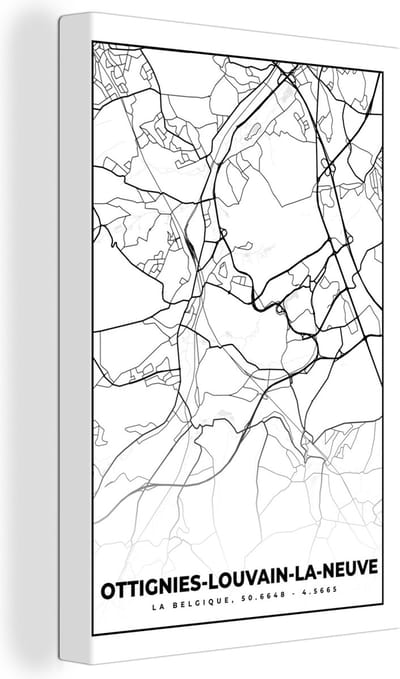 Canvas Schilderij België – Ottignies Louvain la Neuve – Stadskaart – Kaart – Zwart Wit – Plattegrond - 20x30 cm - Wanddecoratie