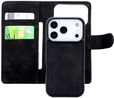 CaseMania Bookcase hoesje geschikt voor iPhone 17 Pro Max - Effen Zwart - Kunstleer - 2-in-1 Magnetisch Uitneembaar Design - Compatible met MagSafe