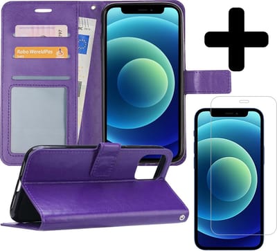 Hoesje - Met Screenprotector - Geschikt voor Apple iPhone 12 - Luxe Pasjeshouder - Flipcase - Bookcase Portemonee - Flip Case - Kunstleer Book Case - Book Cover - Walletcase - Portemonneehoes - Telefoonhoes - Paars
