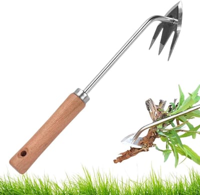 Handonkruidsteker - Onkruidverwijderaar Tuin - Onkruid Wieden - Drie Tanden Ontwerp - 34 cm - Houten Handvat