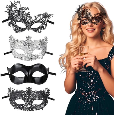 Dailygoods- Venetiaans Masker 4 Stuks - Zwart/Zilverkleurig - Kant/Polyester - Retro Maskerade - Kostuum/Party - Comfortabel en Zacht