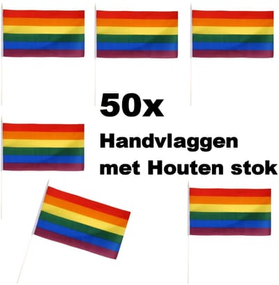 Henbrandt - 50 STUKS Regenboog Gay Pride LGBTQ+ Handvlaggen (29 Cm x 17 Cm) met Houten stok van 40 Cm - Hand Vlag - Vlaggetjes met Handvat - Materiaal: Nylon & Hout