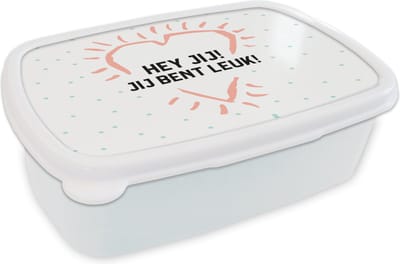 Broodtrommel Wit - Lunchbox - Brooddoos - Quotes - Spreuken - Hey jij! Jij bent leuk! - Vriendschap - 18x12x6 cm - Volwassenen
