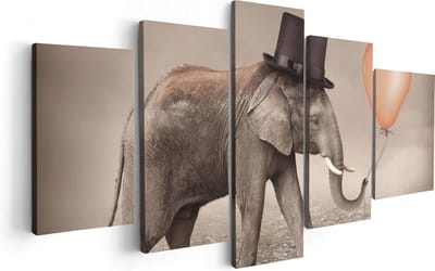 Artaza Canvas Schilderij Vijfluik Olifant Met Een Oranje Ballon - Hoedje - 100x50 - Foto Op Canvas - Canvas Print