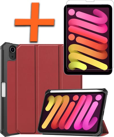 Hoesje - Geschikt voor Apple iPad Mini 6 (2021) - 8.3 inch - 6e Generatie - Met Screenprotector - Trifold Bookcase - Hard Cover Case - Met Uitsparing Geschikt voor Apple Pencil - Hardcover Book - Tablet Hoes - Donkerrood
