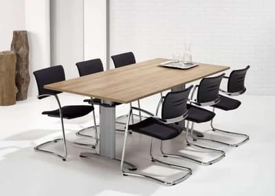 Hoogte verstelbare rechthoekige T-poot vergadertafel Work 200x100cm bladkleur Robson Eiken framekleur Aluminium (RAL9006)