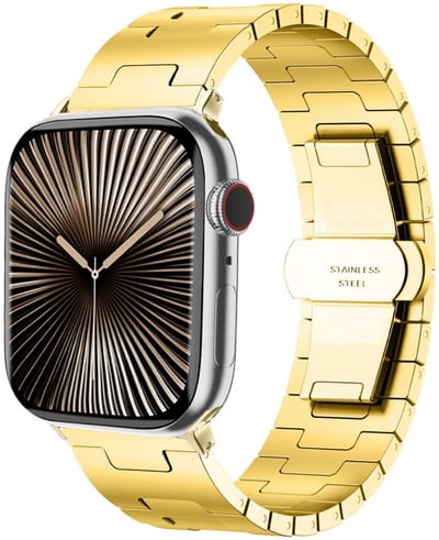 RVS schakel bandje - geschikt voor Apple Watch 1/2/3/4/5/6/7/8/9/10/11/ SE (1,2,3) met maat 38 mm / 40 mm / 41 mm en 42 mm (Watch 10/11) - vlindersluiting - goud