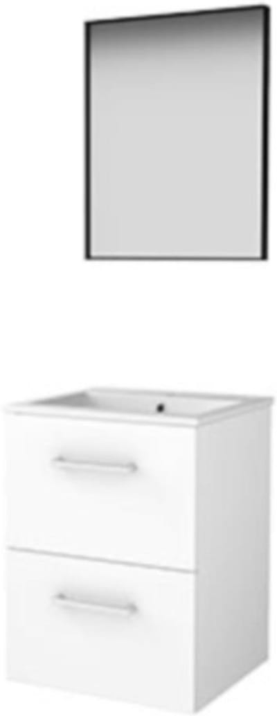 Basic-Line Framed 46 Badkamermeubelset - 50 x 46 cm - Met Grepen - 2 Lades - Keramische Wastafel - 1 Kraangat - Spiegel met Zwart Aluminium Frame - Ice White
