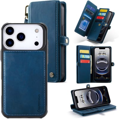 Casemania Hoesje Geschikt voor Apple iPhone 17 Pro - Navy Blue - Geschikt voor MagSafe - Luxe Kunstlederen 2 in 1 Portemonnee Book Case met Extra Vakken