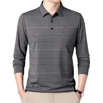 Nieuw Heren Polo Shirt met Lange Mouwen voor Lente en Herfst Gestreept Casual Mode Polokraag Heren Top 4XL gray