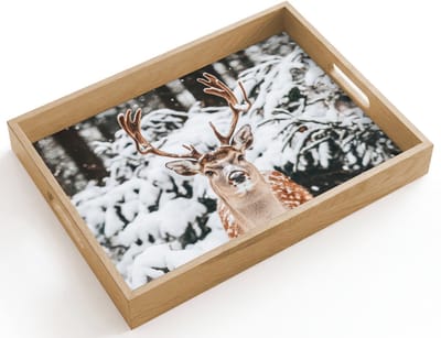 Dienblad hout 40x30 cm - Schootdienblad - Hert - Sneeuw - Winter - Bos - Dieren - Borrelplank rechthoek - Plateau dienbladen