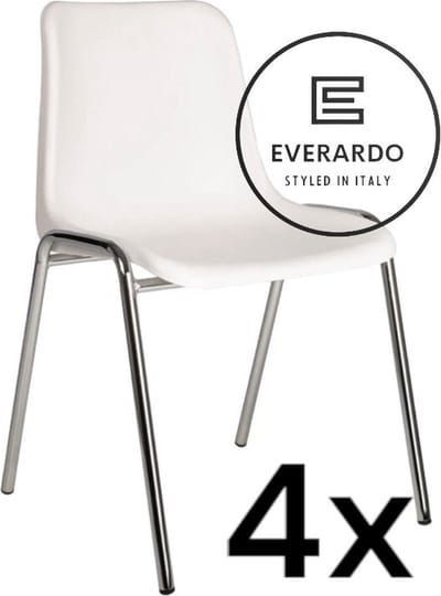 King of Chairs -set van 4- model KoC Everardo wit met verchroomd onderstel. Kantinestoel stapelstoel kuipstoel vergaderstoel tuinstoel kantine stoel stapel kantinestoelen stapelstoelen kuipstoelen stapelbare keukenstoel Helene eetkamerstoel
