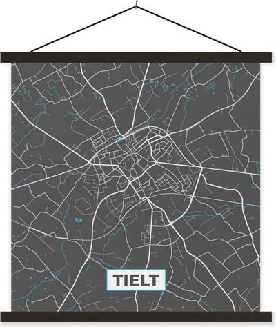 Posterhanger incl. Poster 60x60 cm - Schoolplaat - Stadskaart – Grijs - Kaart – Tielt – België – Plattegrond - Textielposter - Zwarte latten - Stadskaart